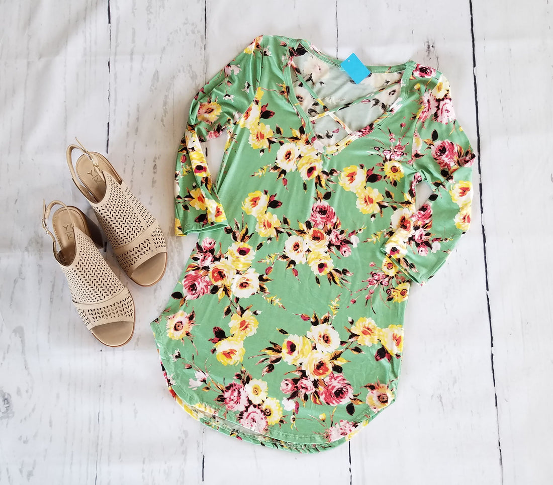 Spring Green Floral 3/4 Sleeve Criss Cross
