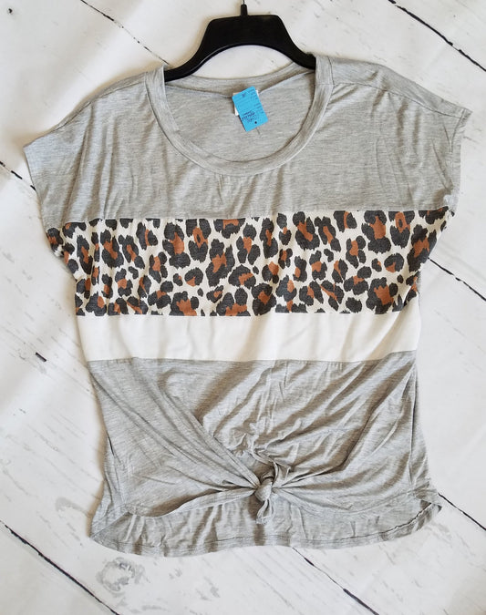 Leopard Contrast Grey Front Tie Shirt