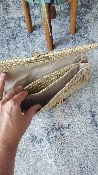 Beige Woven Metal Clasp Flap Handbag