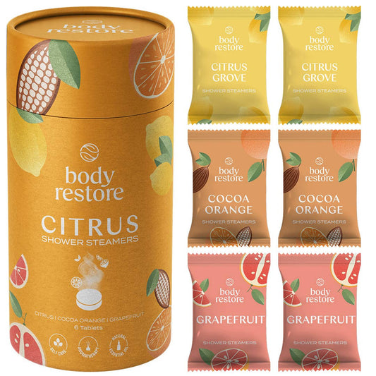 Body Restore Citrus shower steamers packaging with individual packets displayed. Great gift idea for busy moms.