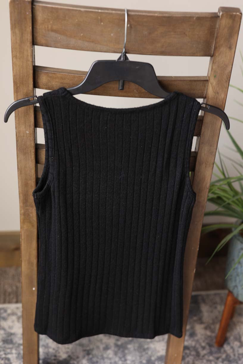 Black Ribbed Square Neck Sleeveless Tank Top