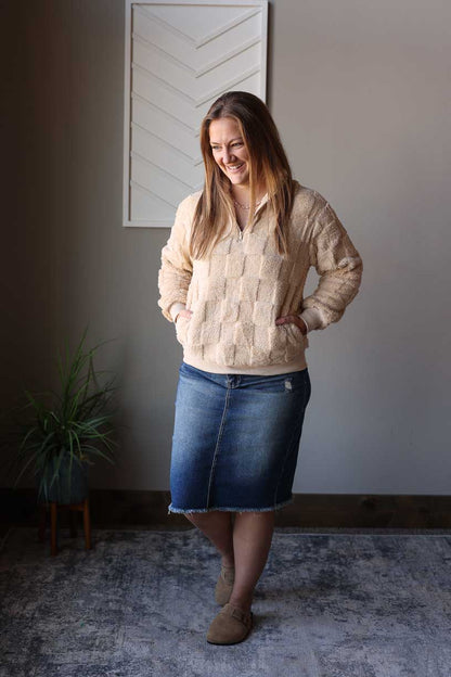 Beige Checkered Plush Quarter Zip Top