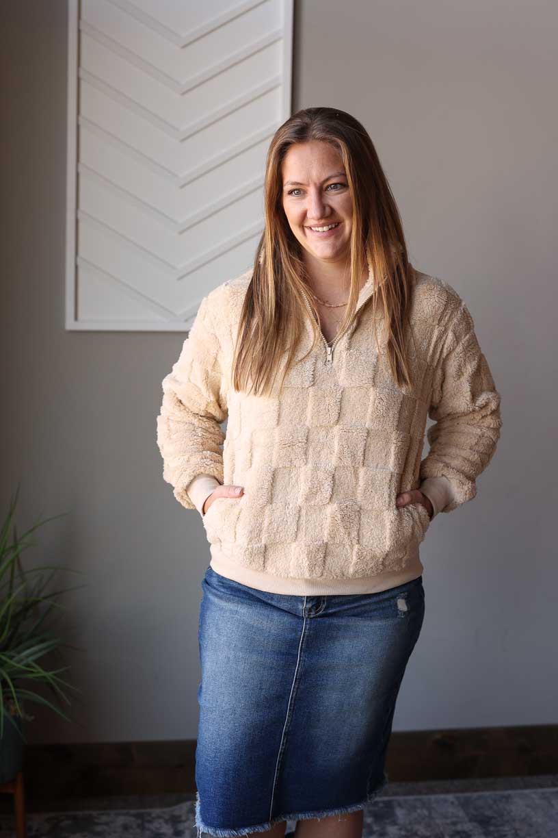 Beige Checkered Plush Quarter Zip Top