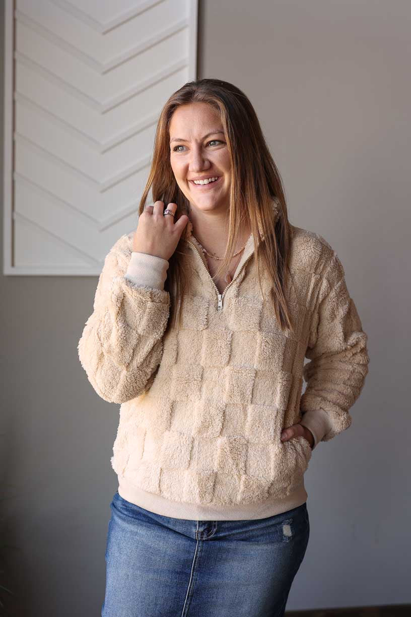 Beige Checkered Plush Quarter Zip Top