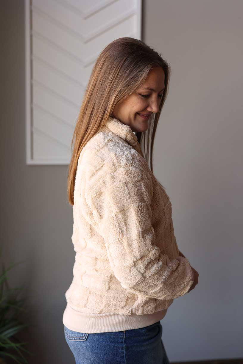 Beige Checkered Plush Quarter Zip Top