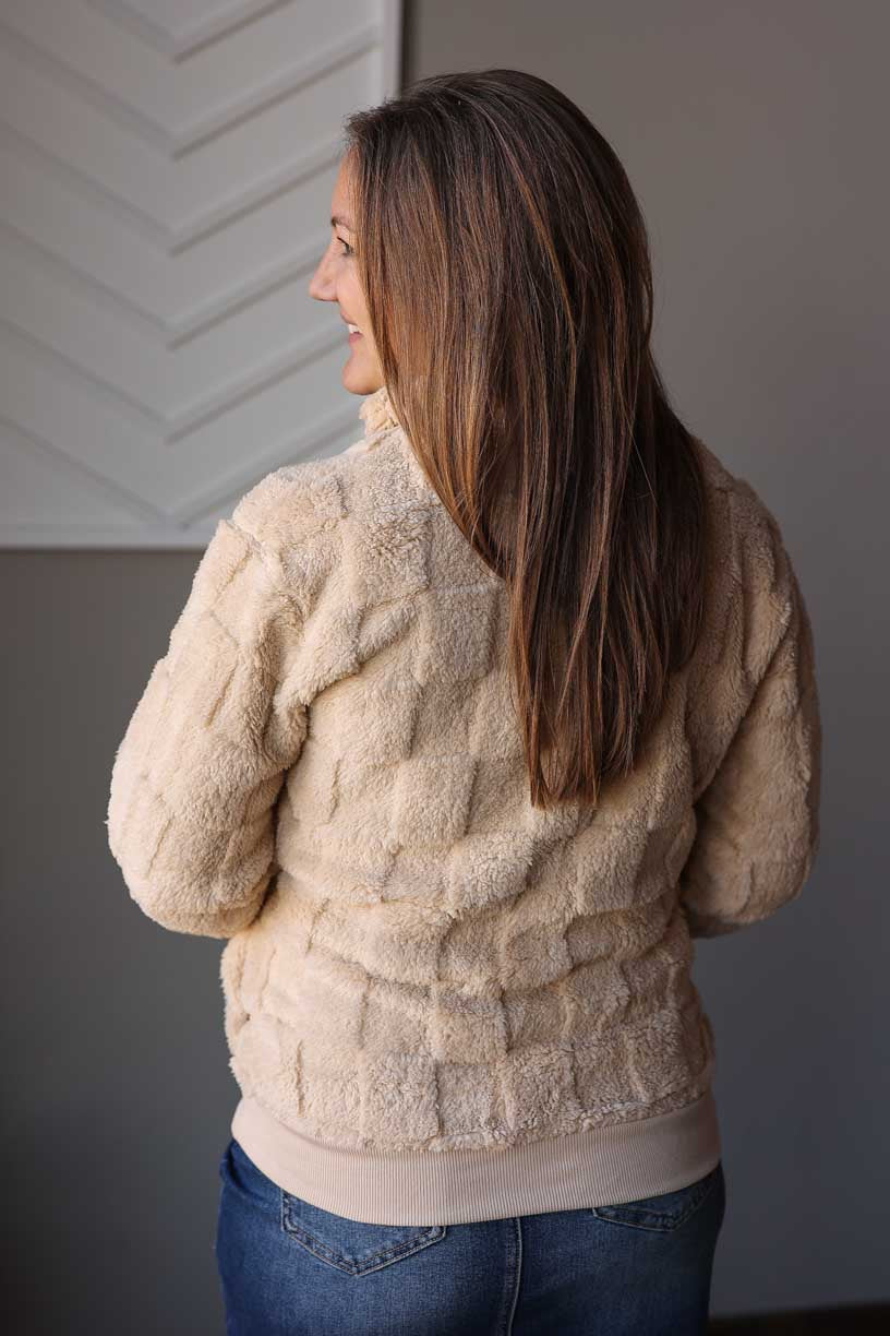 Beige Checkered Plush Quarter Zip Top