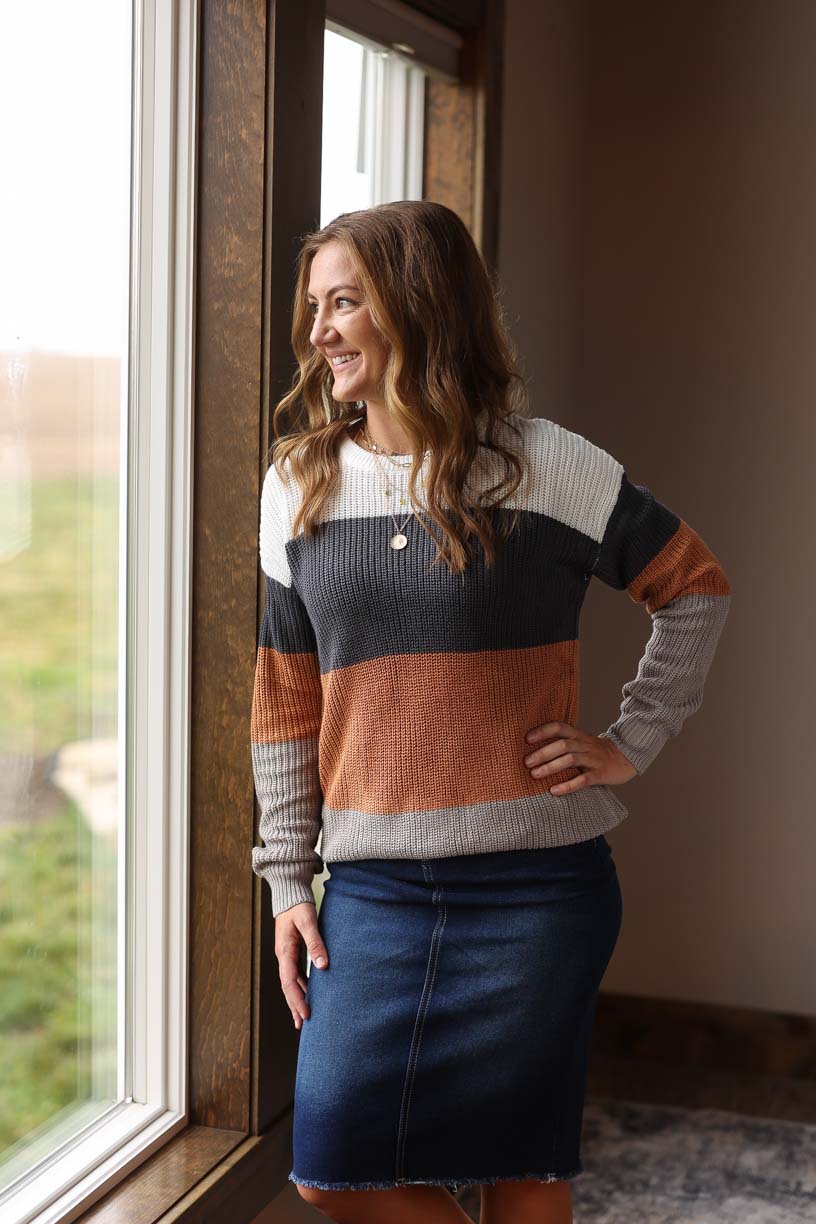 Chestnut Colorblock Sweater for work outfits or holiday gathering outfits from Classy Closet online boutique for women's modest fashion.