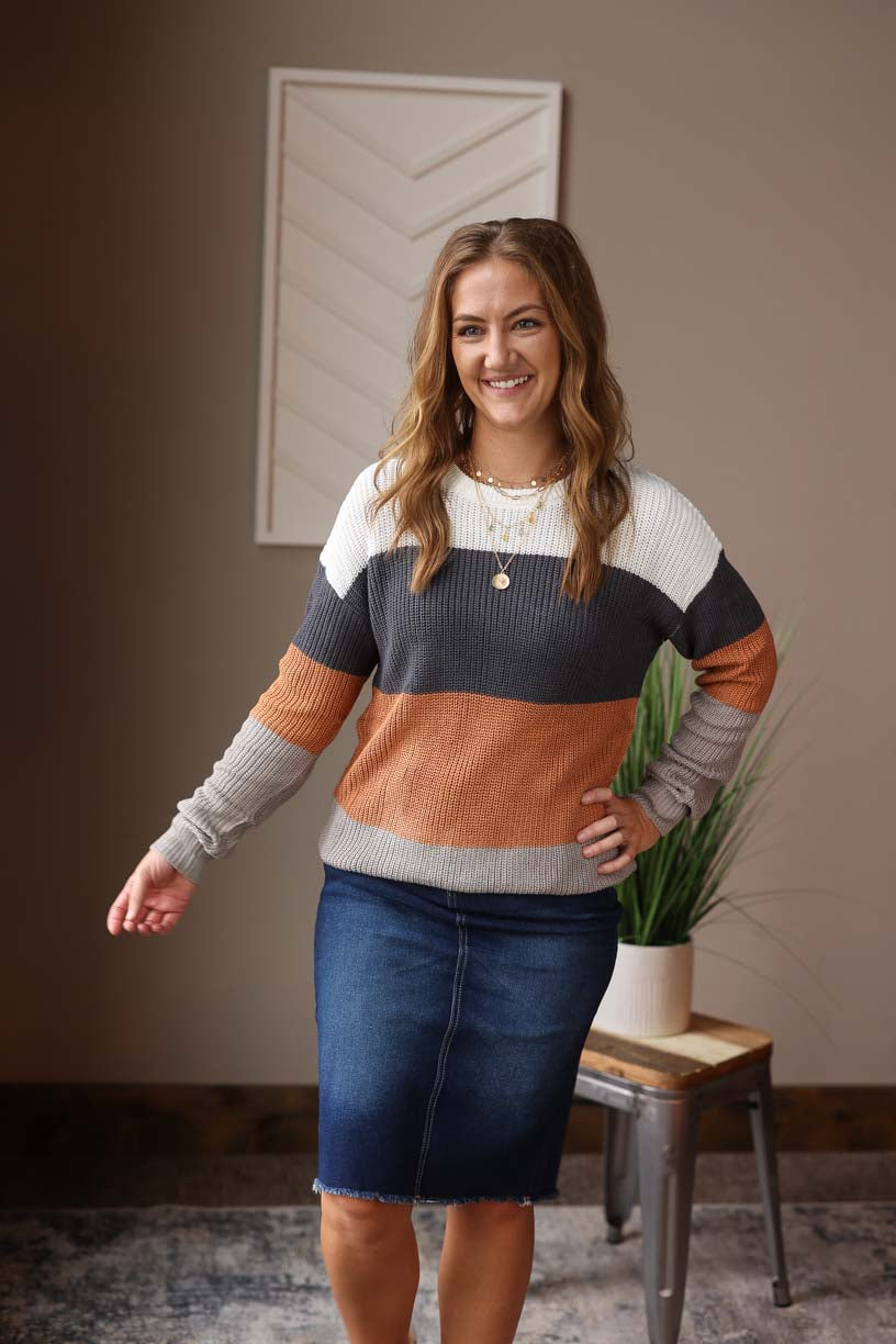Chestnut Colorblock Sweater for work outfits or holiday gathering outfits from Classy Closet online boutique for women's modest fashion.
