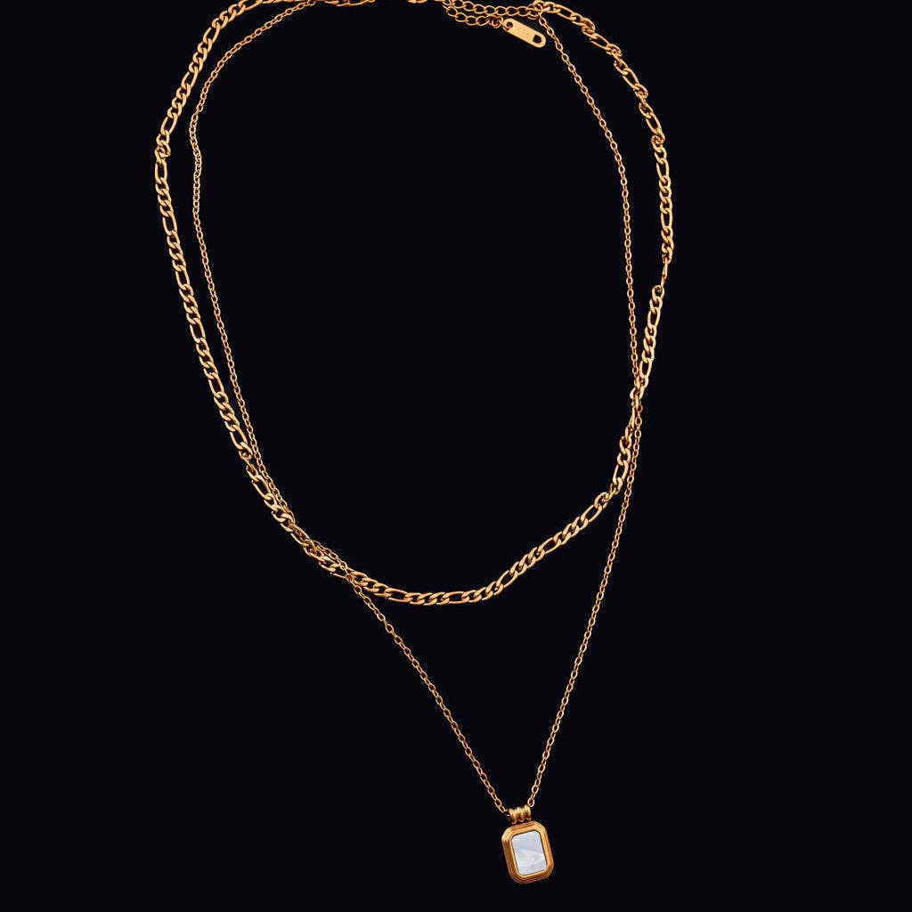 Gold chain necklace with a pendant on a black background