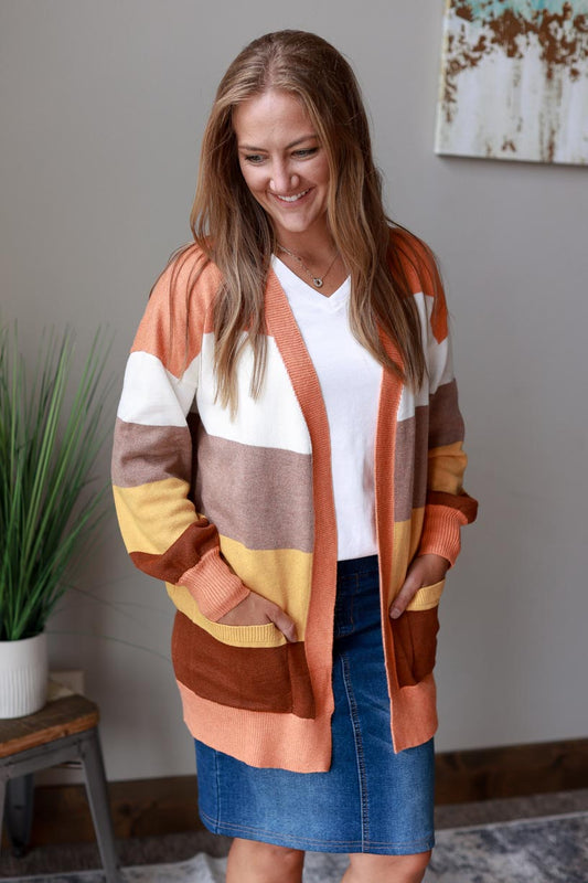 This Autumn Striped Cardigan is made with quality material for maximum comfort and durability.  Classy Closet Women's Modest Fashion Boutique Near Me