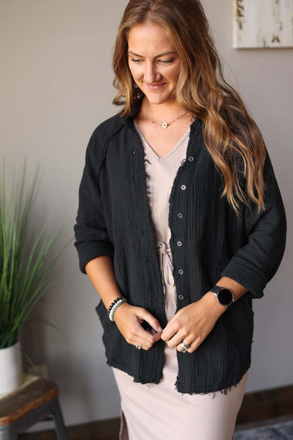 You can't go wrong with this Black Crinkle Button Up Top! Classy Closet Online Modest WOmen's Boutique with Hard to find Denim Skirts