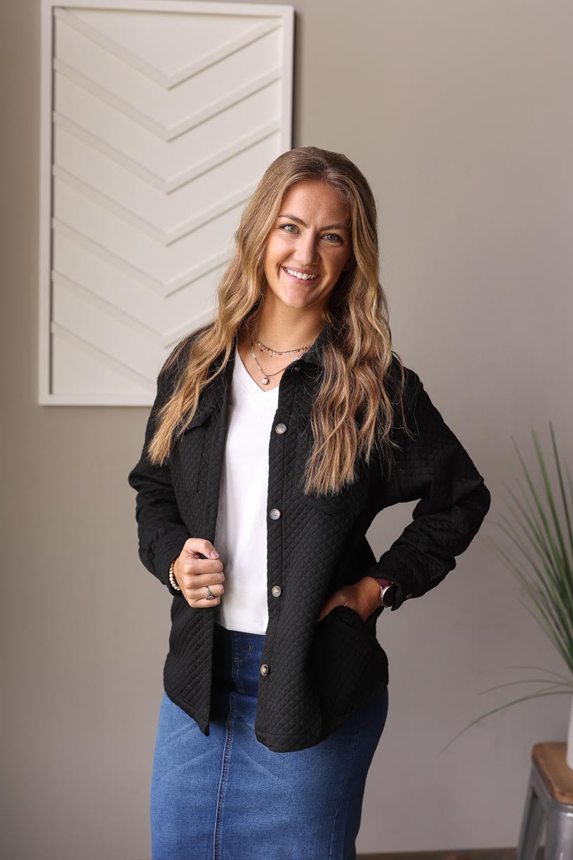Our Black Quilted Button-Up Shacket, the ultimate blend of a shirt and jacket. This versatile piece effortlessly combines comfort and style, perfect for the changing seasons. Classy Closet WOmen's Clothing Boutique for Modest Fashion