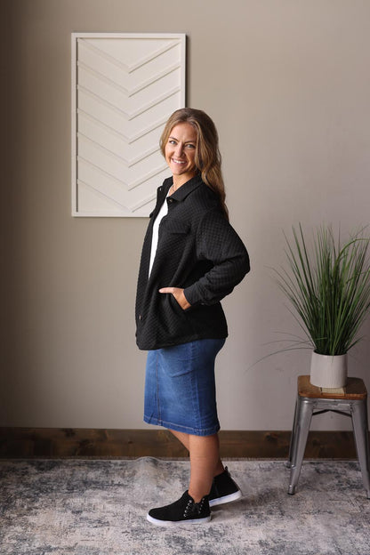 Our Black Quilted Button-Up Shacket, the ultimate blend of a shirt and jacket. This versatile piece effortlessly combines comfort and style, perfect for the changing seasons. Classy Closet WOmen's Clothing Boutique for Modest Fashion