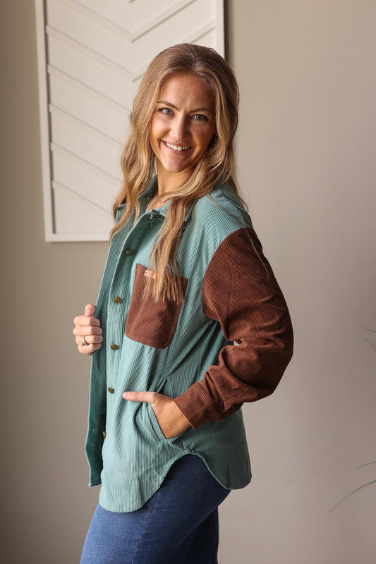 This Blue Brown Colorblock Corduroy Shacket is made with a unique and flexible corduroy fabric in blue and green for fall winter outfits at Classy Closet Online Boutique for Women's Modest Fashion. 