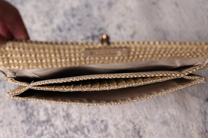 Beige Woven Metal Clasp Flap Handbag