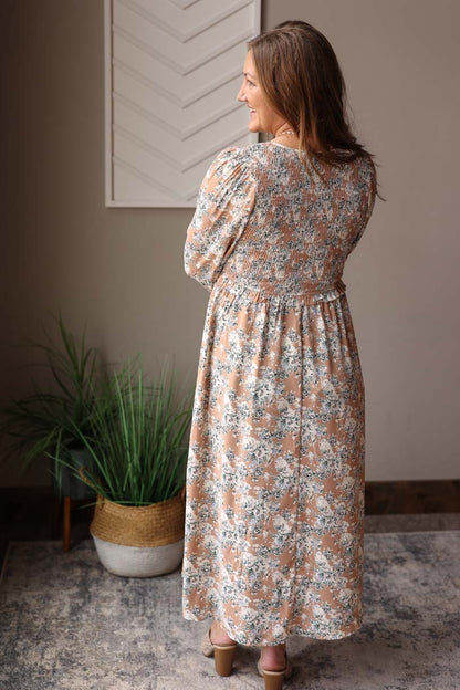 Khaki Floral Smocked Maxi Dress