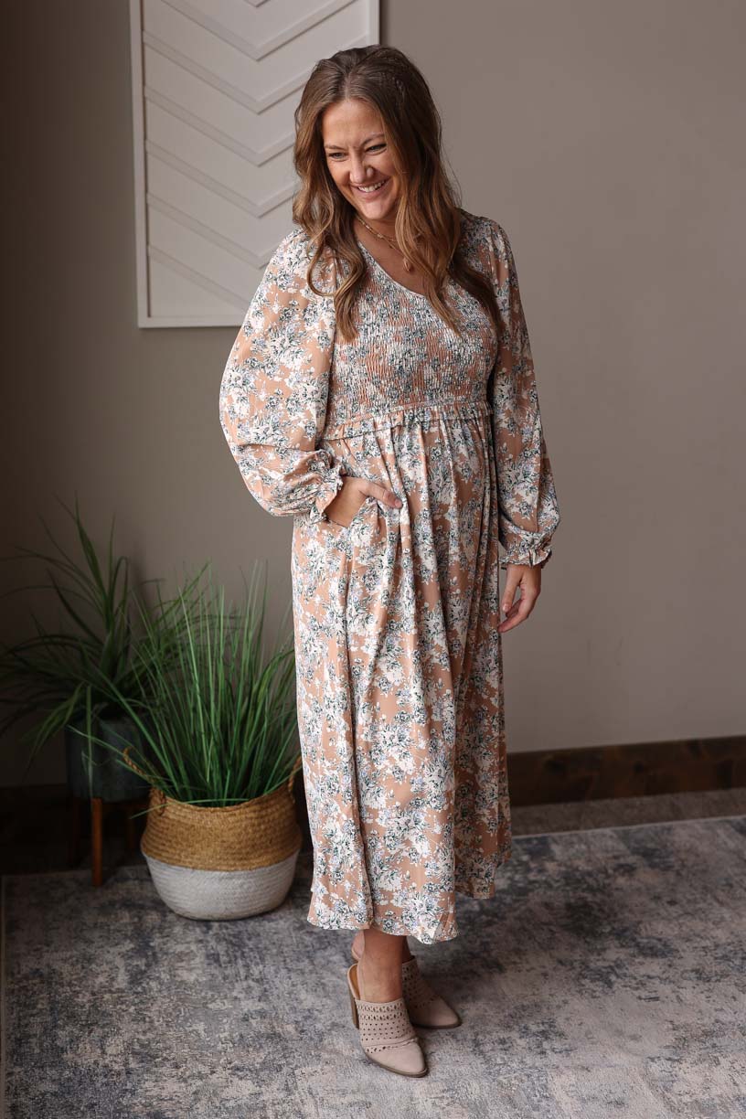 Khaki Floral Smocked Maxi Dress