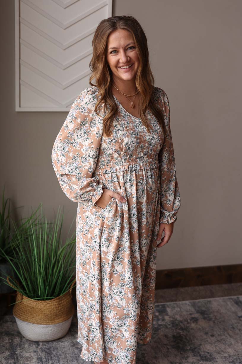 Khaki Floral Smocked Maxi Dress