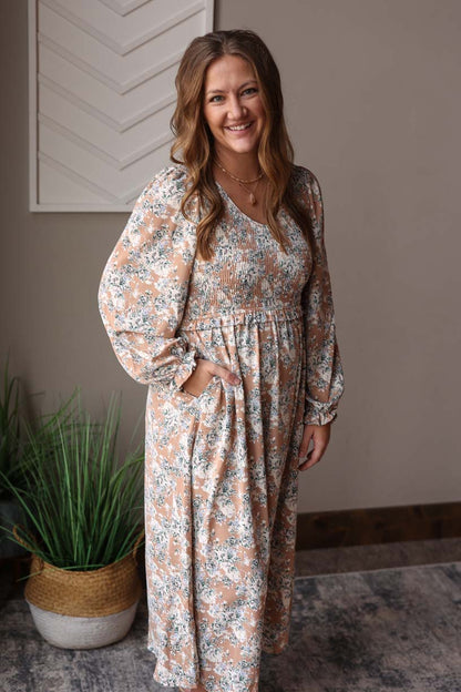 Khaki Floral Smocked Maxi Dress