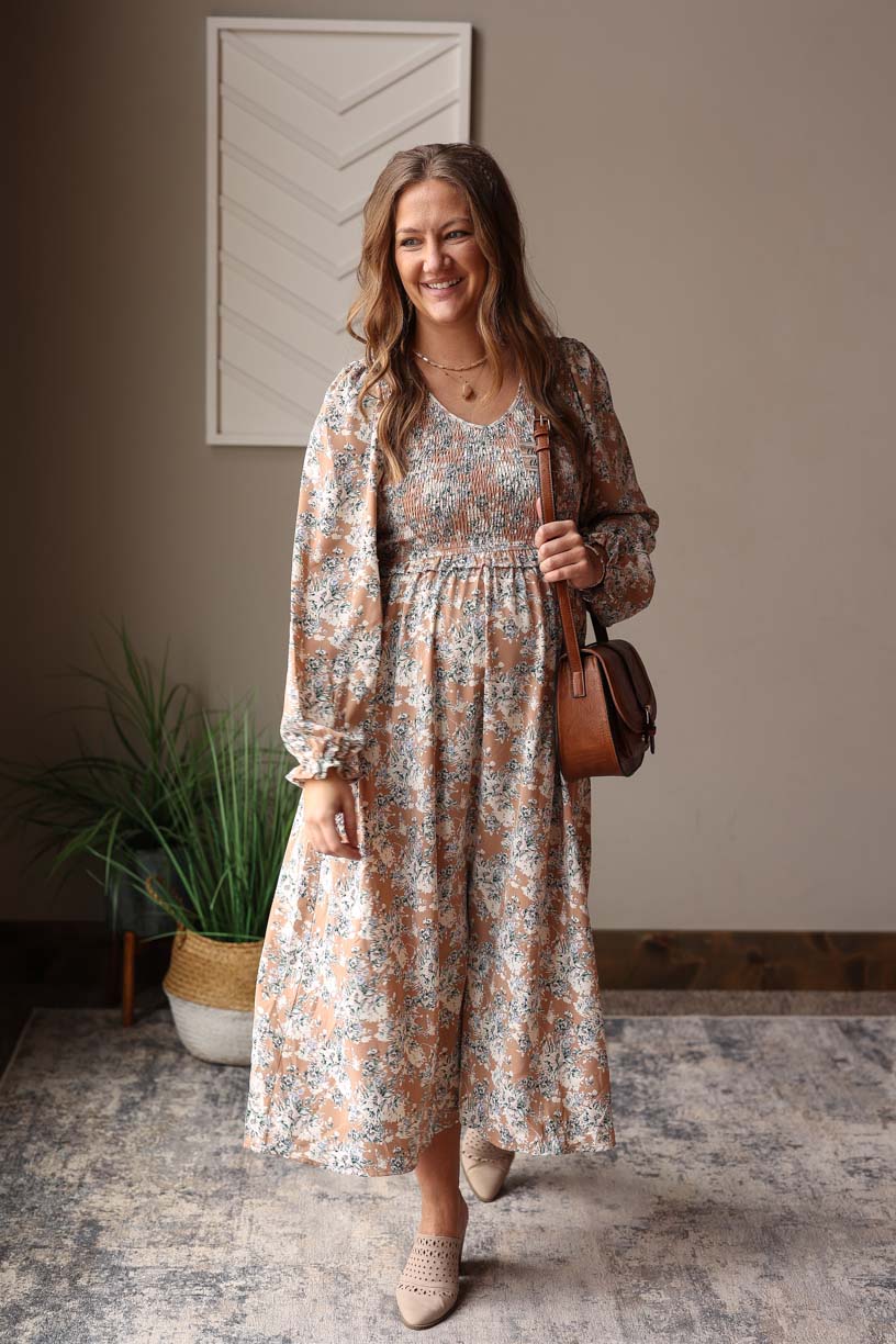 Khaki Floral Smocked Maxi Dress