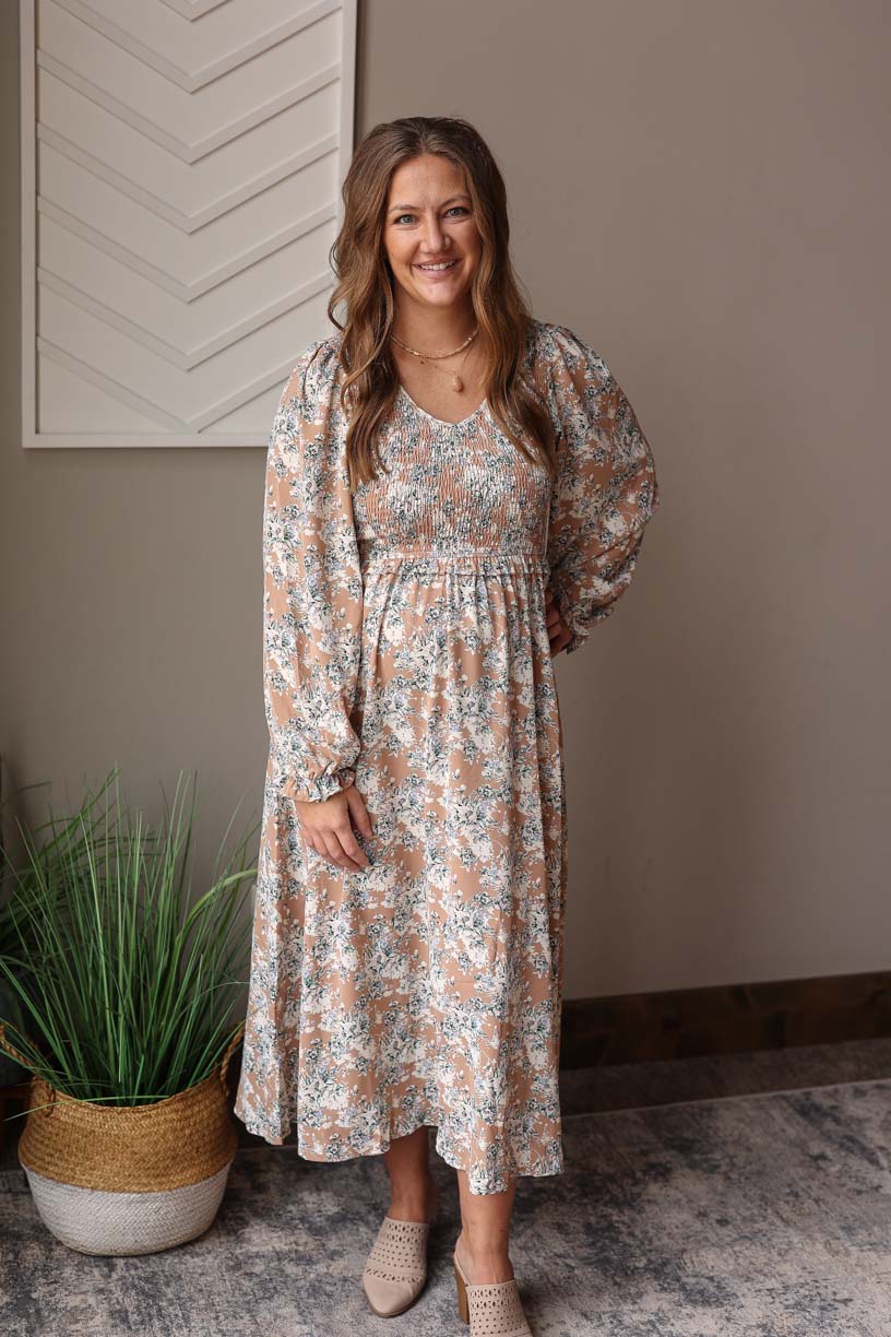 Khaki Floral Smocked Maxi Dress