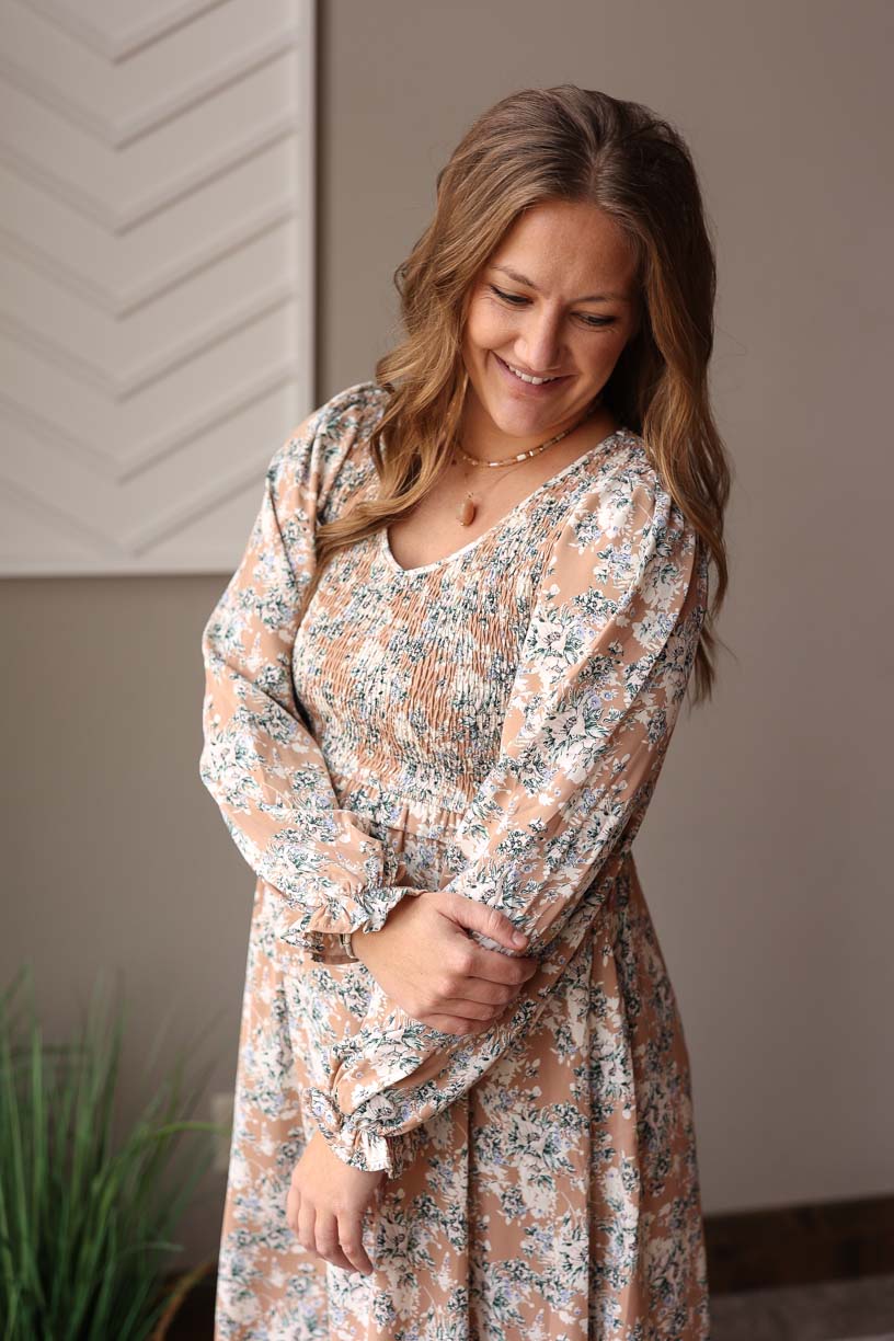 Khaki Floral Smocked Maxi Dress