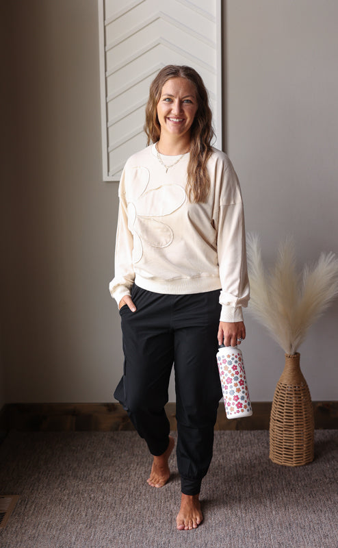 Beige Flower Patch Drop Shoulder Top