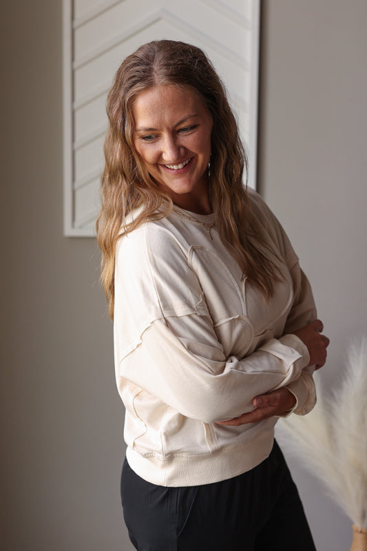Beige Flower Patch Drop Shoulder Top