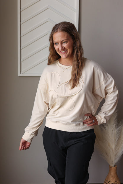 Beige Flower Patch Drop Shoulder Top