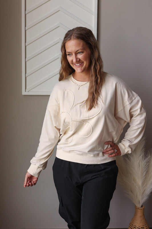 Beige Flower Patch Drop Shoulder Top