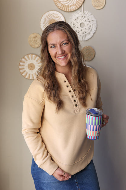 Beige Grommet Detail V-Neck Sweatshirt