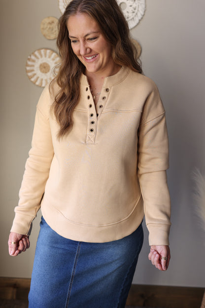 Beige Grommet Detail V-Neck Sweatshirt