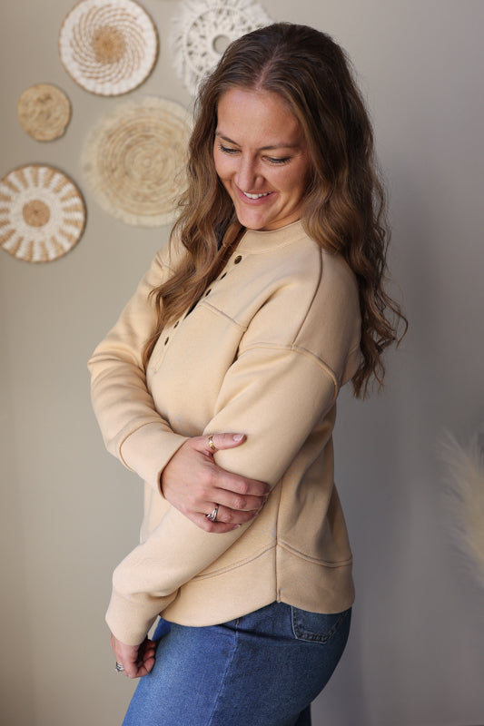 Beige Grommet Detail V-Neck Sweatshirt