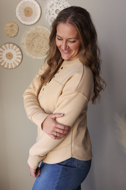 Beige Grommet Detail V-Neck Sweatshirt