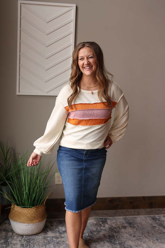 Effortlessly stylish, this White Corded Multi Patchwork Top is perfect for any occasion. With its fun yet neutral design, this long sleeve top will keep your everyday outfits feeling put together whether you're at home, work, or out for a coffee date. Stay comfortable and chic all day long! Classy Closet online women's clothing boutique for cute mom outfits, everyday style, and modest fashion. Hull, Iowa