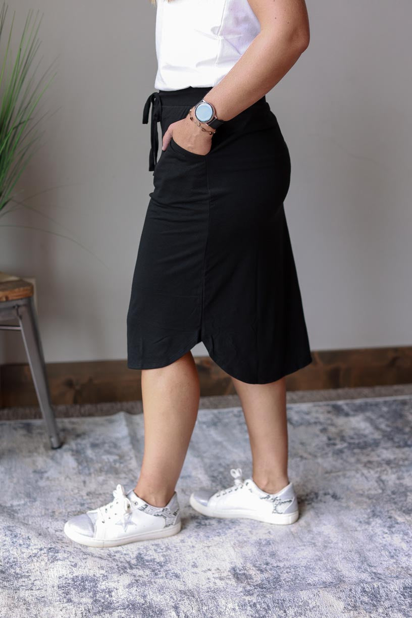 Black Drawstring Hi-Low Midi Skirt