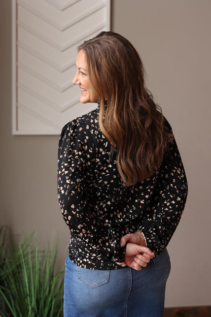 Black Leopard Print Mock Neck Blouse