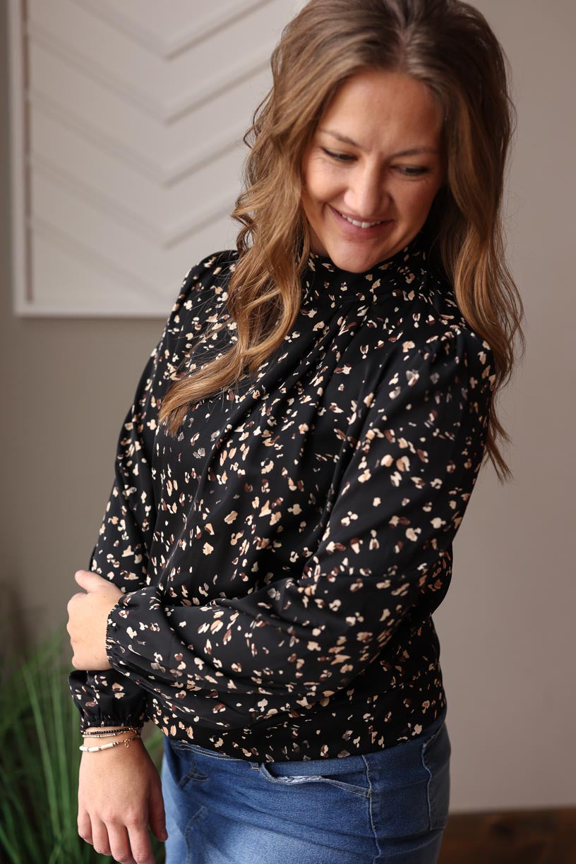 Black Leopard Print Mock Neck Blouse