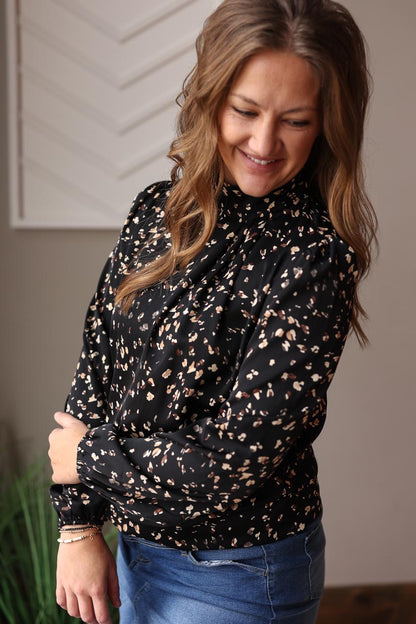 Black Leopard Print Mock Neck Blouse