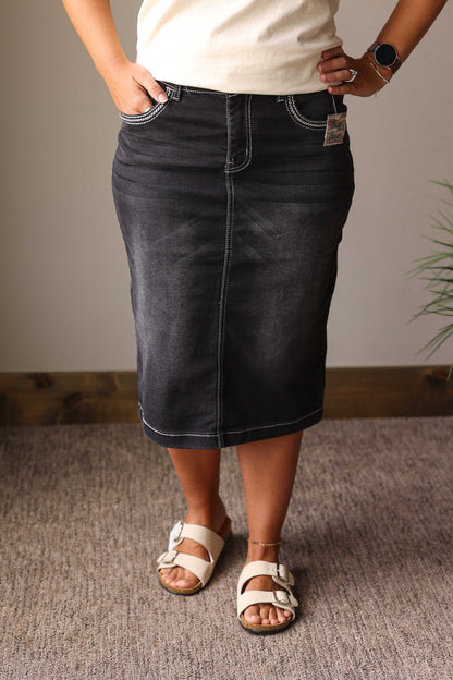 Black Heavy Stitching Stretch Denim Skirt