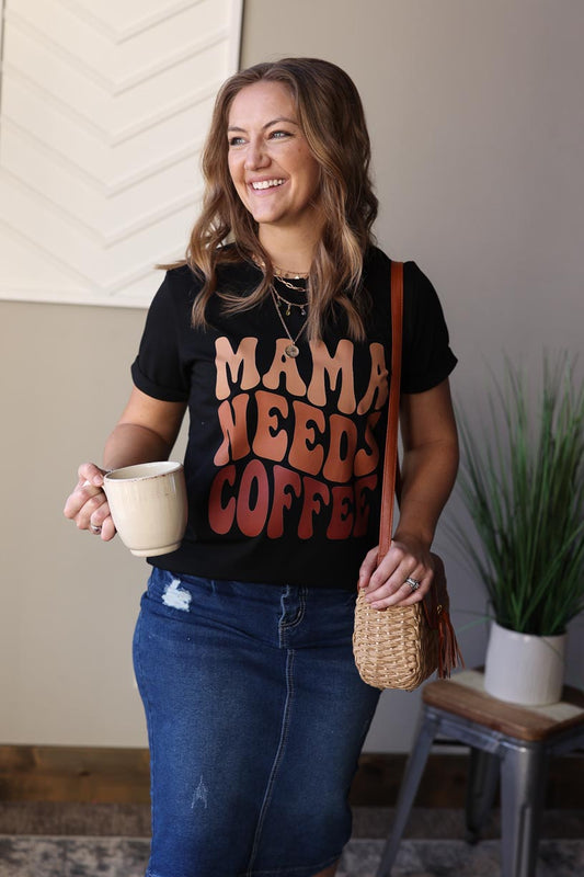Stay stylish and comfy with this Black "Mama Needs Coffee" Tee. Layer it up for cozy winter to spring outfits or wear it solo all summer long. The gorgeous brown tones of this graphic will show off your love for coffee while keeping you looking and feeling great.