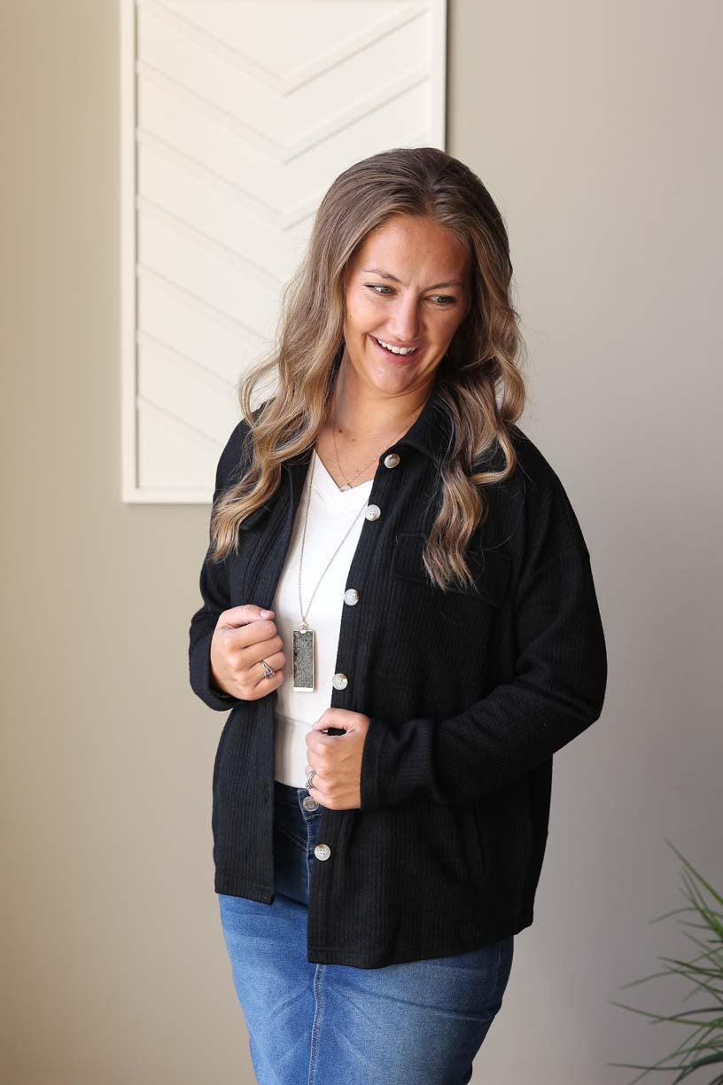 Black Ribbed Knit Shacket, M, XL