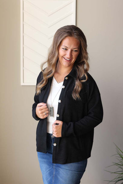 Black Ribbed Knit Shacket, M, XL