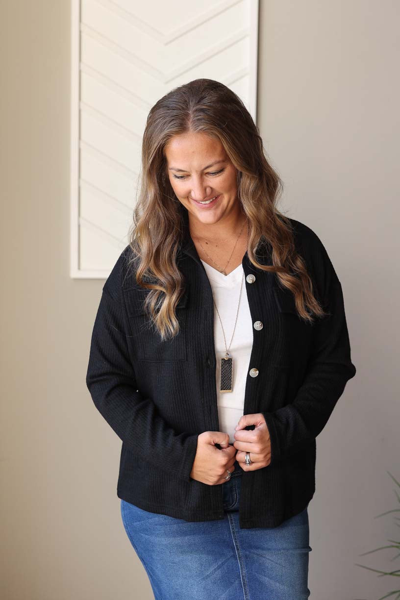 Black Ribbed Knit Shacket, M, XL