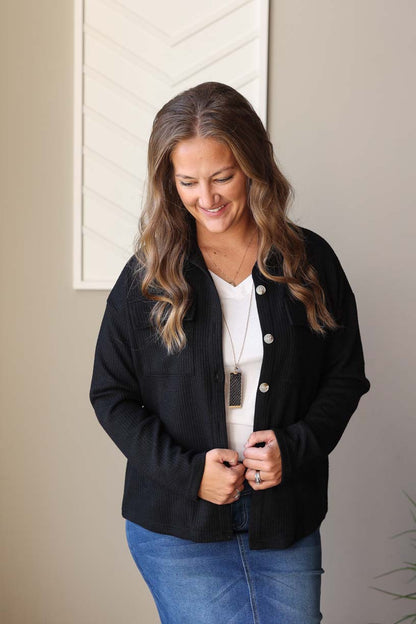 Black Ribbed Knit Shacket, M, XL