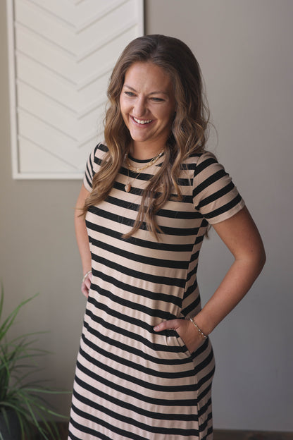 Black Stripe Crewneck Maxi Dress With Pockets