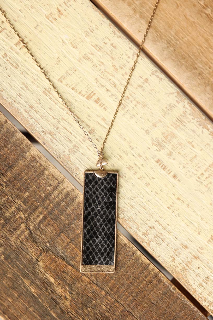 Textured Black Rectangle Long Necklace