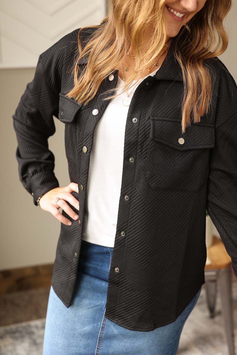 black shacket is perfect for effortless, chic styling. It features a textured pattern to add dimension. Classy Closet Online Boutique for Women's Modest Fashion and Casual Street Style