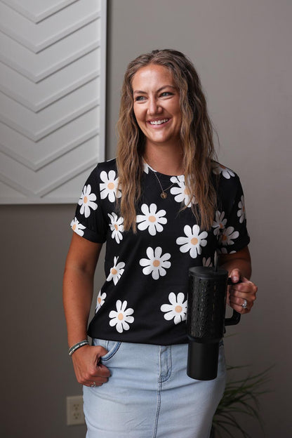 Black Daisy Print Crewneck Top