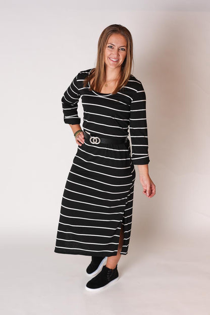 Black White Stripe Casual Midi Dress • S